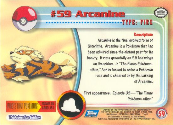 Arcanine - 59 - Topps - Series 1 - back