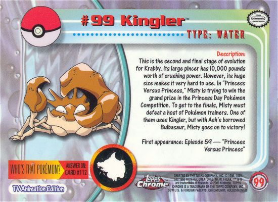 Kingler - 99 - Topps - Chrome series 2 - back