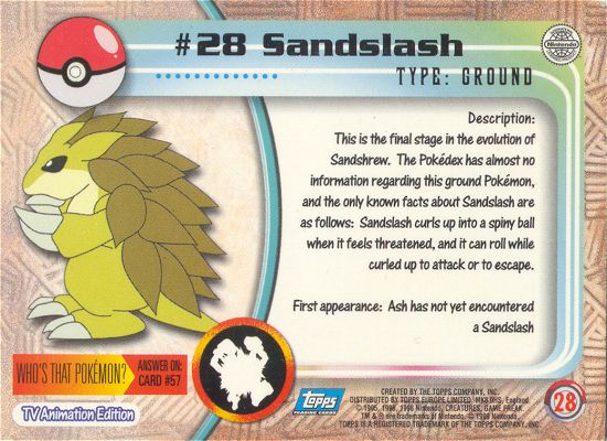 Sandslash - 28 - Topps - Series 1 - back