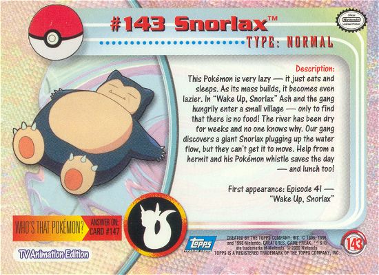 Snorlax - 143 - Topps - Series 3 - back