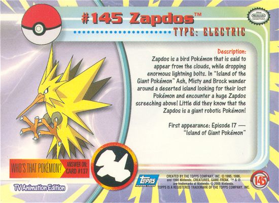 Zapdos - 145 - Topps - Series 3 - back