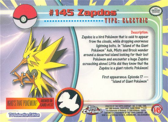 Zapdos - 145 - Topps - Chrome series 2 - back
